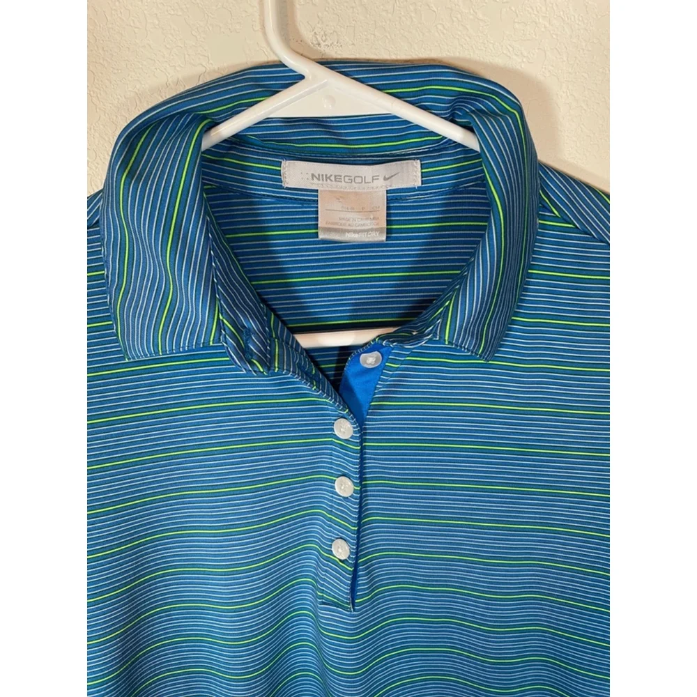 Women’s Nike Golf Polo Collared Shirt Blue & Lime Stripped Size Small